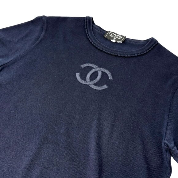 CHANEL Vintage CC Mark Logo Knit T-shirt Top Short Sleeve #38 Dark Blue [106343] - Picture 5 of 11
